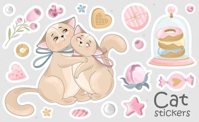A Set of Cat stickers and icons. Vector illustrations. Printing on fabric, paper, cards, invitations.
