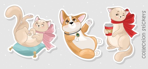 Set of Corgi and Cat stickers,icons. Cute dog with romantic items. Vector illustration.
 Printing on fabric, paper, postcards, invitations.
