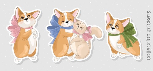 Set of Corgi and Cat stickers,icons. Cute dog with romantic items. Vector illustration.
 Printing on fabric, paper, postcards, invitations.