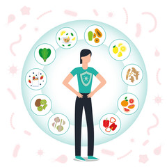 Fototapeta na wymiar Immune system vector protection. Health bacteria virus protection. Medical prevention human boosters. Healthy woman reflect bacteria attack. Boost Immunity with medicine concept illustration.