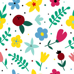 Flat drawn floral seamless color pattern. Cartoon texture with cute flowers and berries. For wrapping paper design, textiles, wallpaper,bed linen, stationery