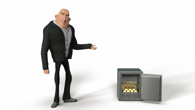 Realistic 3D render illustration of a smiling mature man pointing his hand at an open safe with bank notes and gold