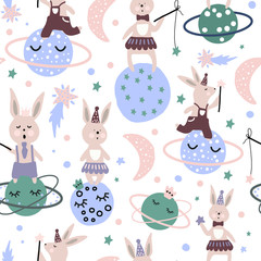 Hand drawn vector illustration. Seamless pattern. Cute cartoon. Little rabbit on planet. Pastel color. For baby textile, wallpaper or other print.