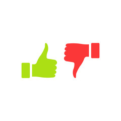 Green thumb up and red thumb down icon. Vector illustration. Flat design.