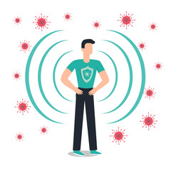 Immune system vector icon logo. Health bacteria virus protection. Medical prevention human germ. Healthy man reflect bacteria attack with shield. Boost Immunity with medicine concept illustration