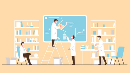 Vector concept illustration of a team of scientists wearing masks doing research in the office with books and writing blackboard. It represents a concept of scientific progress, important discoveries