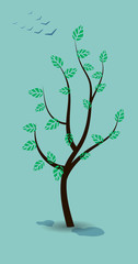 Easter, spring vector concept. Lonely blossoming tree with green leaves and buds at blue background. Migratory birds flying back home. Puddles of water at the roots. Simple landscape design.