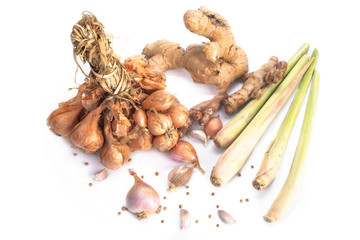 Group herbs consist of shallot ,garlic,lemon grass,ginger,turmeric and coriander seeds isolated on white background.top view