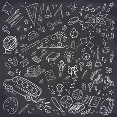 Back to School banner. Doodles icons of education, science objects, office supplies and lettering Back to School on chalckboard. Vector illustration.