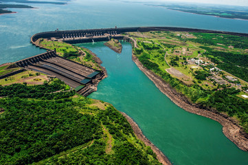 Itaipu electrical dam in Brazil and Argentina aerial photo. One of the most expensive buildings in...