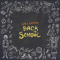 Fototapeta na wymiar Back to School banner. Doodles icons of education, science objects, office supplies and lettering Back to School on chalckboard. Vector illustration.