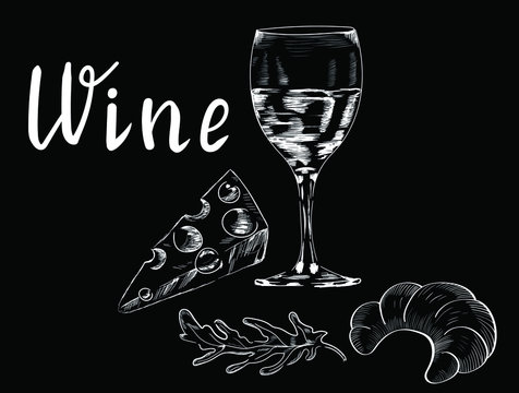 Wine glass, cheese, croissant chalk vector isolated on black background. Concept for logo, menu, cards 