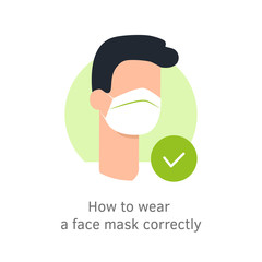Man with face mask medical vector illustration of male wearing protective facial medical mask signs flat cartoon isolated on white background. Prevention rules. Covid-19, coronavirus.