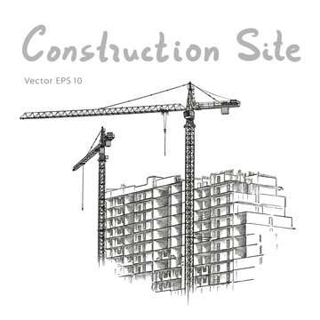 Building Construction and Tower Cranes. City. Vector draw