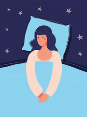 The girl lies in bed and cannot sleep. Concept illustration about insomnia, psychological health. Flat vector illustration, woman nightmares.
