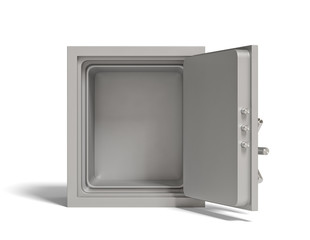 The metal safe with open door, isolated on a white background. Security storage. Keeping money. 3d rendering