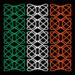Irish flag composed of green, white and orange traditional ornamental ribbons at black background. Perfect decorative design for Saint Patrick's day celebration. Vector illustration of stylised flag.