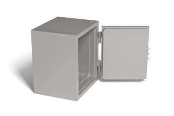 The metal safe with open door, isolated on a white background. Security storage. Keeping money. 3d rendering