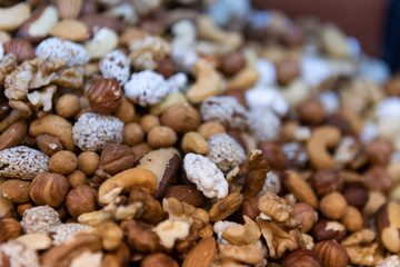 dried fruits, nuts. juchela sold in a dried fruit store