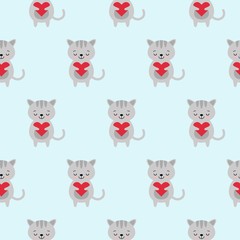 Seamless pattern with cute funny kawaii cartoon gray cats with hearts. Vector seamless texture for wallpapers, pattern fills, web page backgrounds
