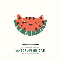 Watermelon Cat isolated on background. Cartoon animal character. Vector illustration for poster design, kids print, greeting card, social media post. For cards, textile.