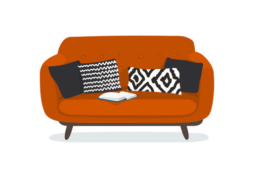 Comfortable modern red couch with pillows. Flat cartoon vector illustration. Vintage sofa Isolated on a white background.