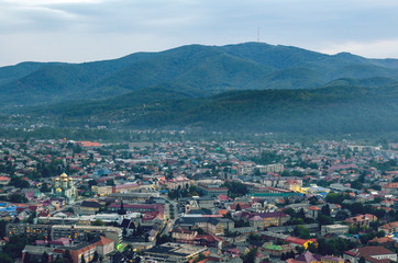 Top view on the evening city of Khust, Transcarpathia Ukraine