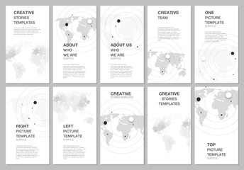 Social networks stories design, banner or flyer templates. Covers design templates for flyer, brochure cover, advertising banner. World map concept backgrounds with world map infographics elements.