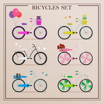 A set of bicycles in retro style and in different colors. Vector illustration of flat bikes with a Luggage basket, balloons and other items. Bicycle as a method of delivery, sports or recreation.Set