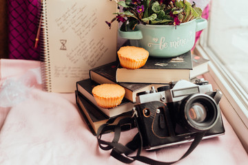 still life with cookies and flowers