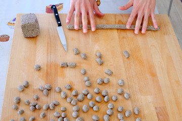 Homemade preparation of Italian gnocchi made with buckwheat flour.