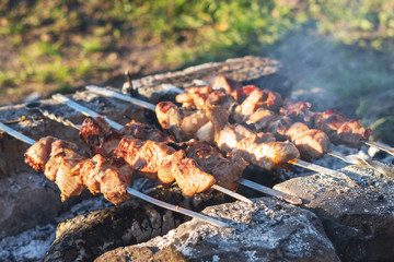 Delicious, juicy, pickled kebab is grilled on charcoal