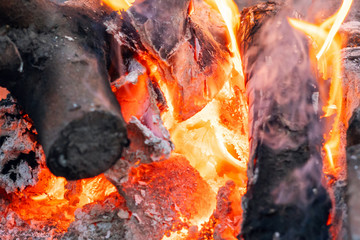 Smoldering charcoal in a bonfire, background texture