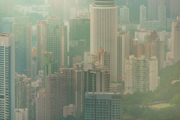 Fototapeta premium Hong Kong - April 25, 2020: Panorama of Victoria Harbor of Hong Kong city, cityscape with skyscraper