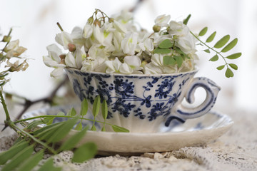 Festa della mamma,tazzina di fiori  sopra il tavolo
