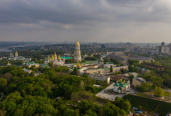 Aerial view of Kiev Pechersk Lavra illuminated by the sunset rays of the sun, Kyiv, Ukraine