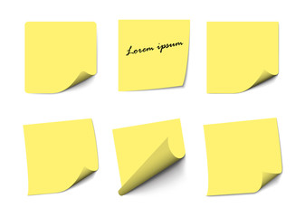 Realistic Yellow sticky note notes isolated on white. Square sticky paper reminders with shadows, paper page mock up.