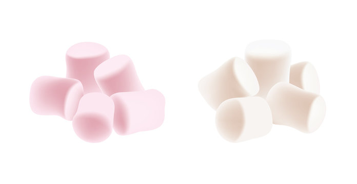 Marshmallow set. Heap of tasty white and pink marshmallows isolated on white background. Marshmallow candy background.