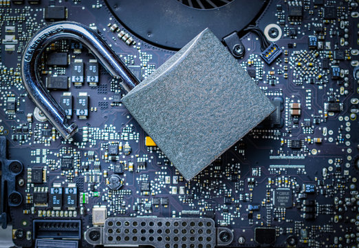 Data protecting Security Concept. Computer Internet protection with lock, key on microscheme chip. System Shield Protection Verification.