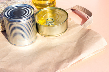 Paper bag with grocery food for hike on pink background. Food delivery during coronavirus...
