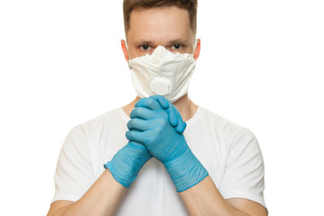 Doctor in hygienic mask and blue gloves Isolated on white background. Protection against contagious disease, coronavirus. Covid, quarantine