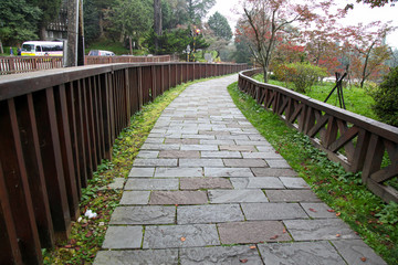 Alishan,taiwan-October 14,2018:The vintage brick walk way near the Alishan train station in Alishan nation park.
