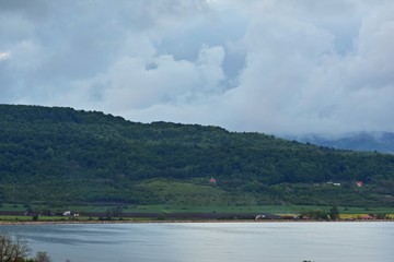 lake reflection water forest summer fields harvest