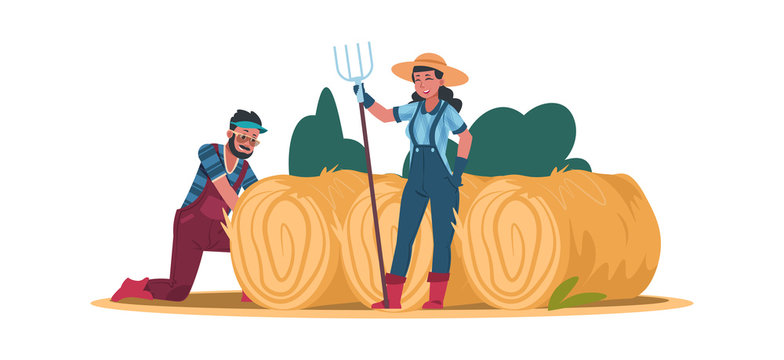 Agricultural cartoon workers. Man and woman work on the farm. Vector images working gardener for hay