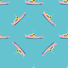 Cute sea pattern with pink fishing or sailing boat drawings. Colorful kid style. Marine illustration. Vector