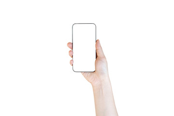 Hand holding smartphone isolated on white background with clipping path.