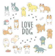 Fototapeta premium おしゃれでかわいい線画の手書き犬イラストセット