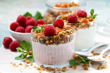 sweet dessert with granola, fresh raspberries and fruit  yoghurt