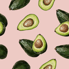 Seamless vector hand drawn pattern with avocado in doodle style on a pink background. Healthy food green texture.