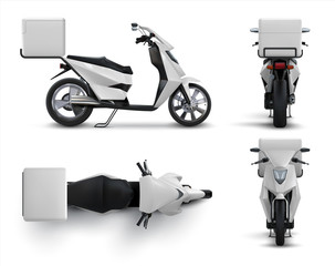 Delivery scooter. Realistic motorcycle with blank bag for food and drinks, restaurant and cafe courier bike with white box. Vector illustration motor bike in different positions set © SpicyTruffel